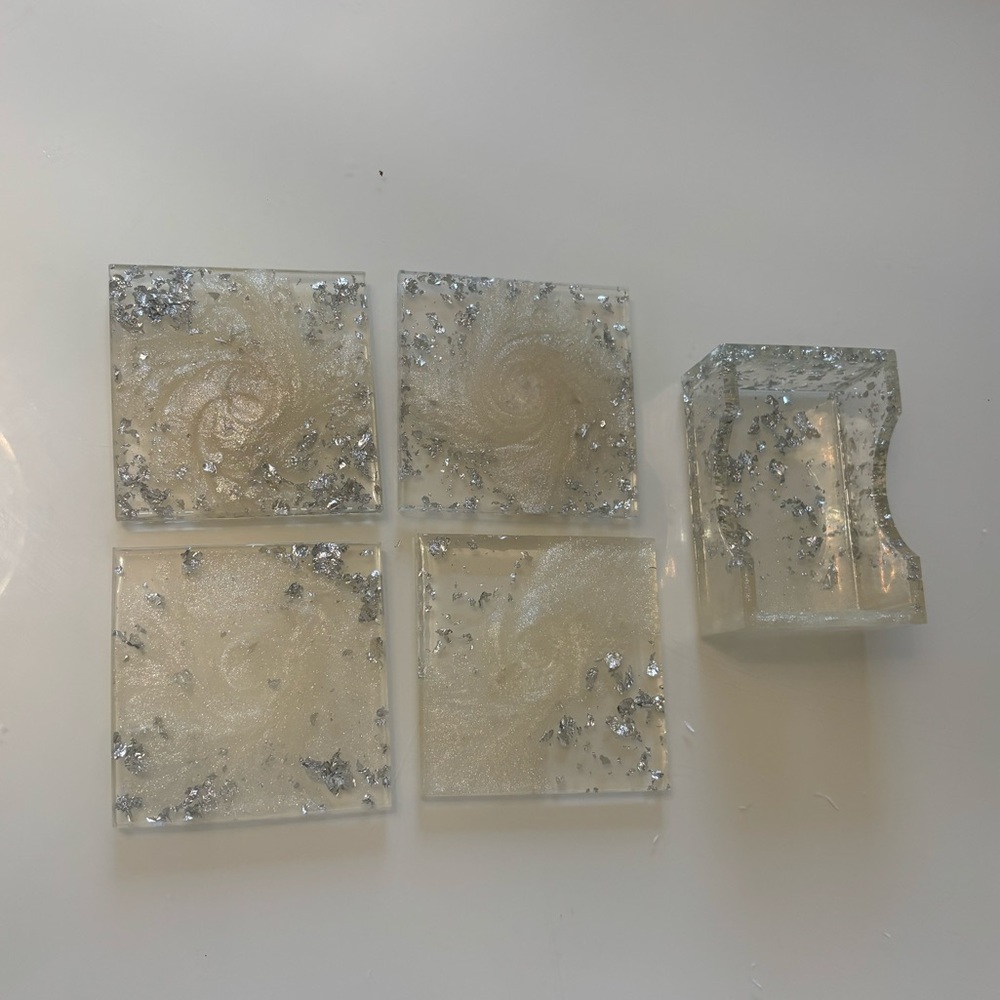 Epoxy Elegant Silver and Cream Coaster Set